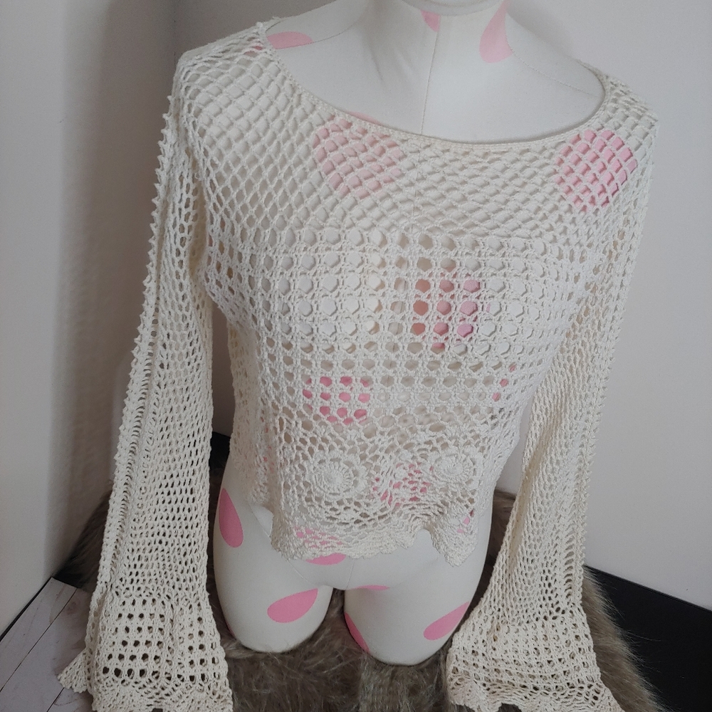 Divided H&M • Boho Cotton Cream Ivory Crop Top Crochet Long Bell Sleeve Medium - Picture 4 of 16